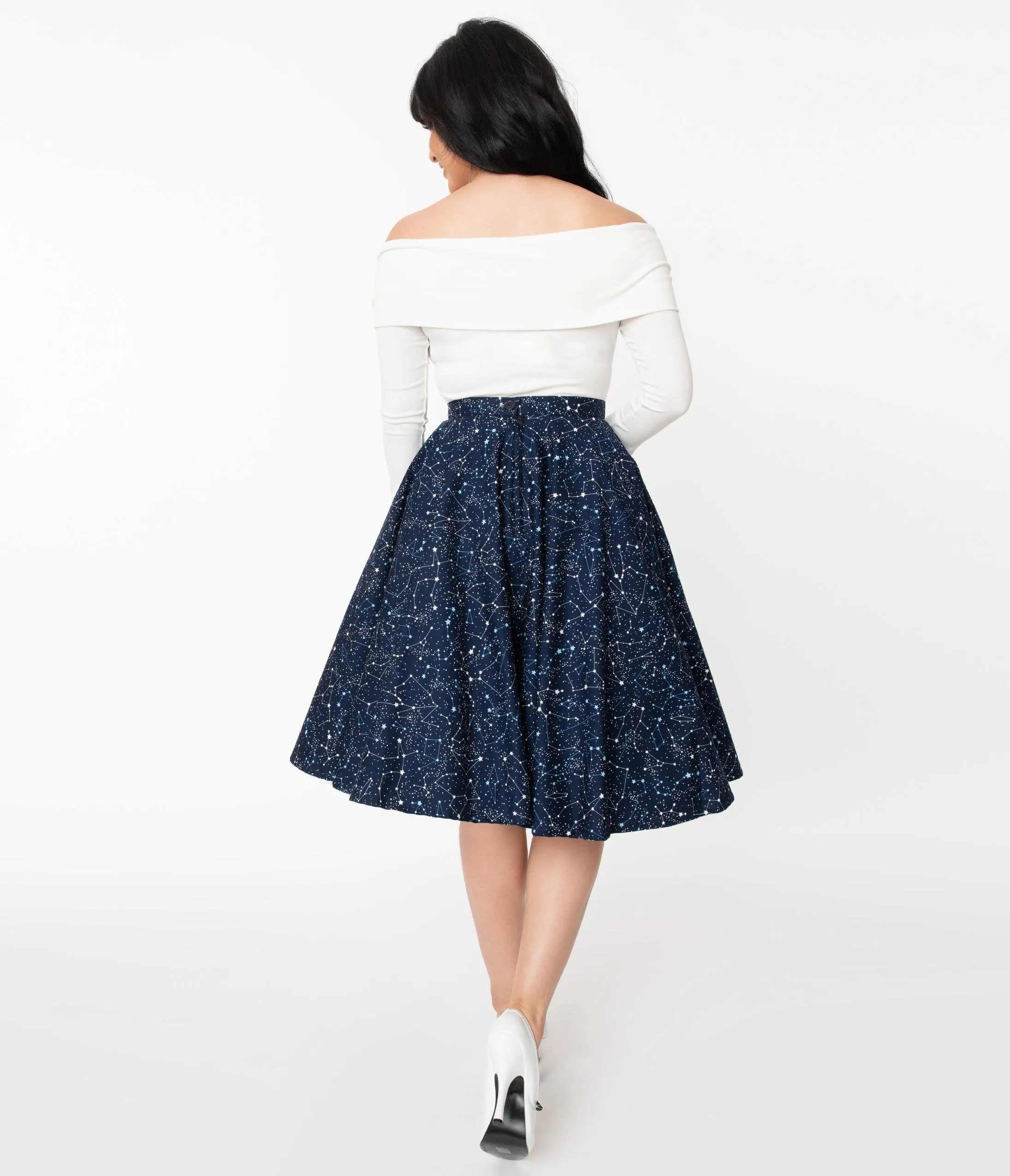 1950s Navy Star Constellation Print Swing Skirt