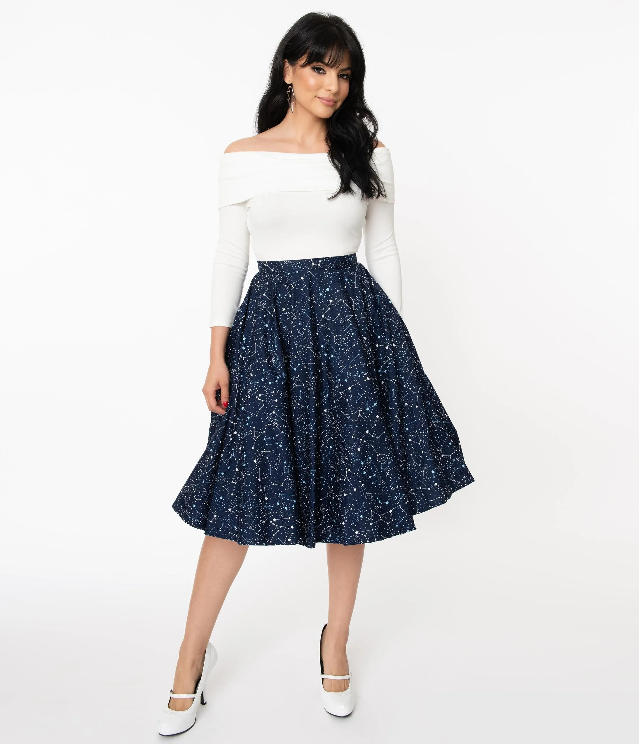1950s Navy Star Constellation Print Swing Skirt