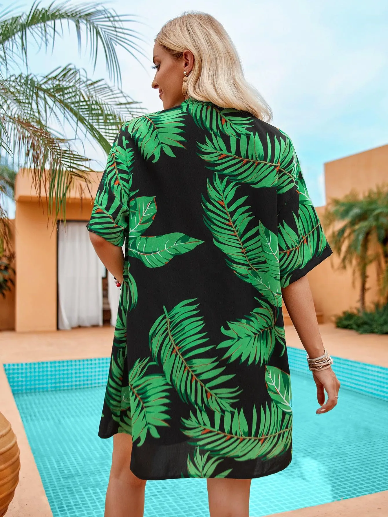 2pcs Casual Holiday Leaves Print Suit Summer Short Sleeve Shirt Top