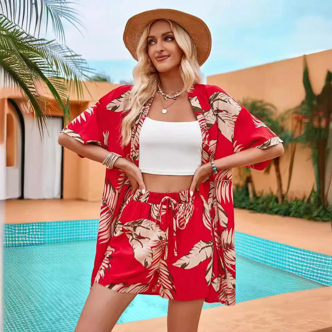 2pcs Casual Holiday Leaves Print Suit Summer Short Sleeve Shirt Top
