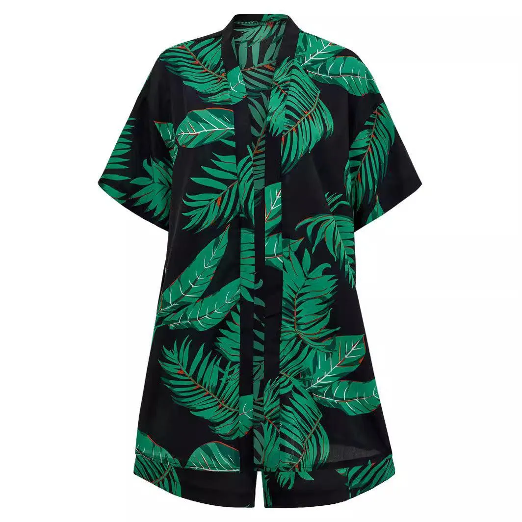 2pcs Casual Holiday Leaves Print Suit Summer Short Sleeve Shirt Top