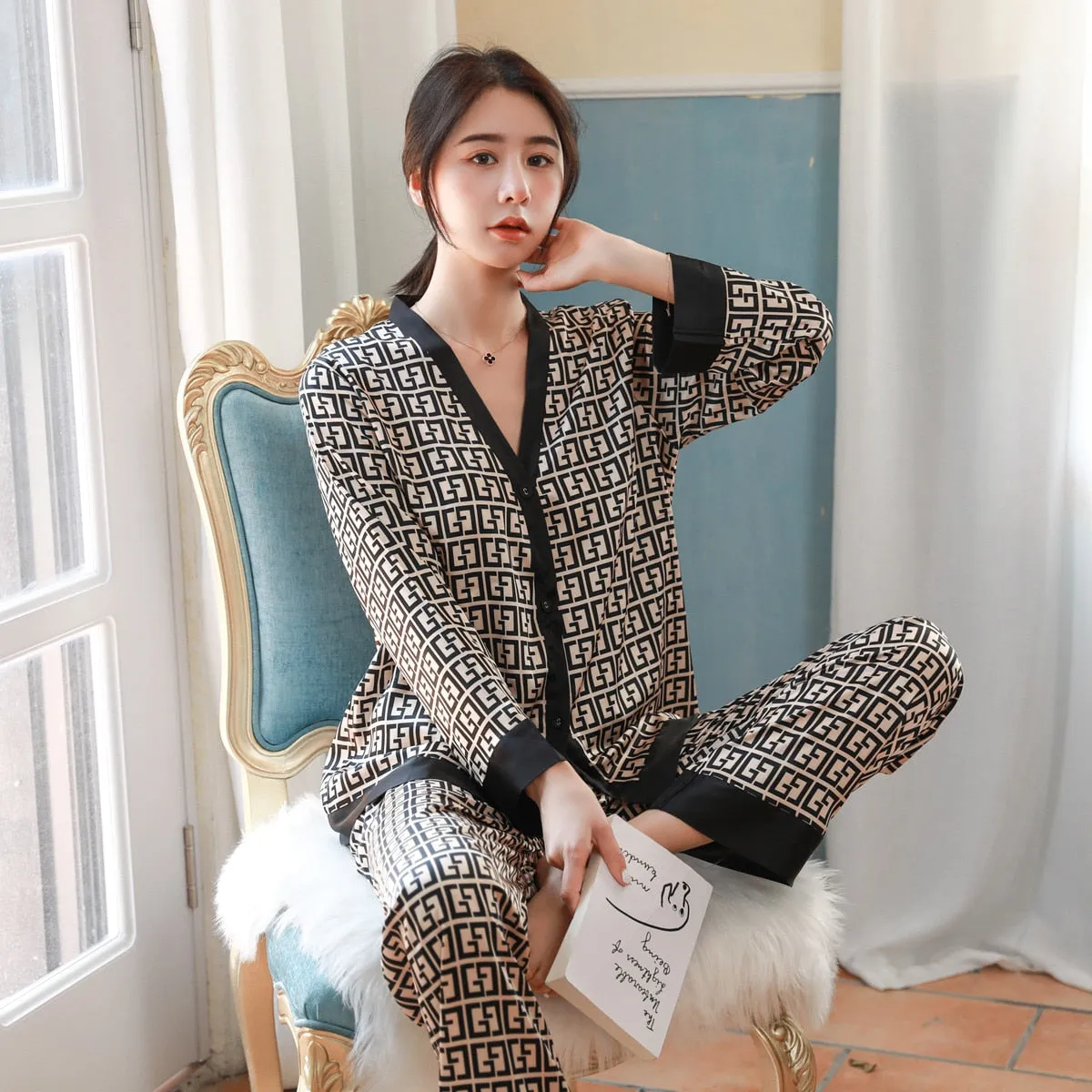 2pcs Women's Pajamas Sets Woman Pajama Summer V Neck Design Suit Long Sleeve Trousers Set Home Clothes Sexy Satin Silk Pijamas