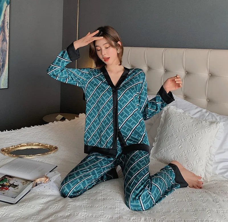 2pcs Women's Pajamas Sets Woman Pajama Summer V Neck Design Suit Long Sleeve Trousers Set Home Clothes Sexy Satin Silk Pijamas