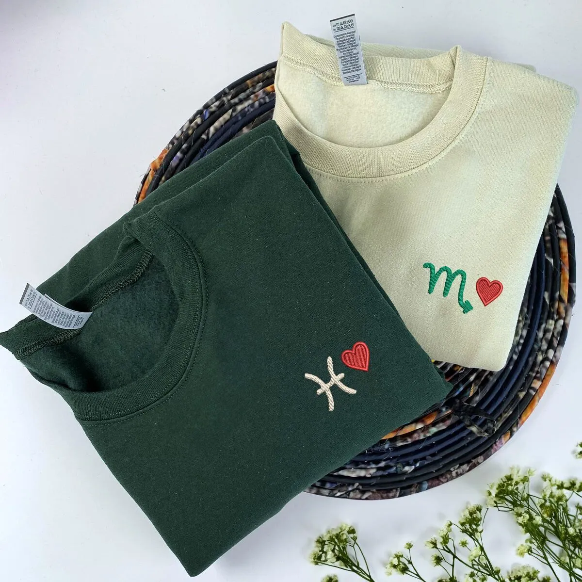 Custom Zodiac Astrology Sweatshirt or Hoodie with Embroidered, Initial Heart on Sleeve