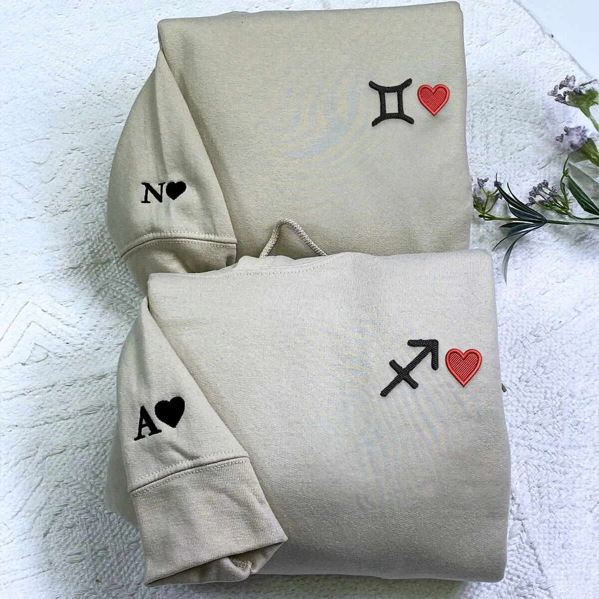 Custom Zodiac Astrology Sweatshirt or Hoodie with Embroidered, Initial Heart on Sleeve
