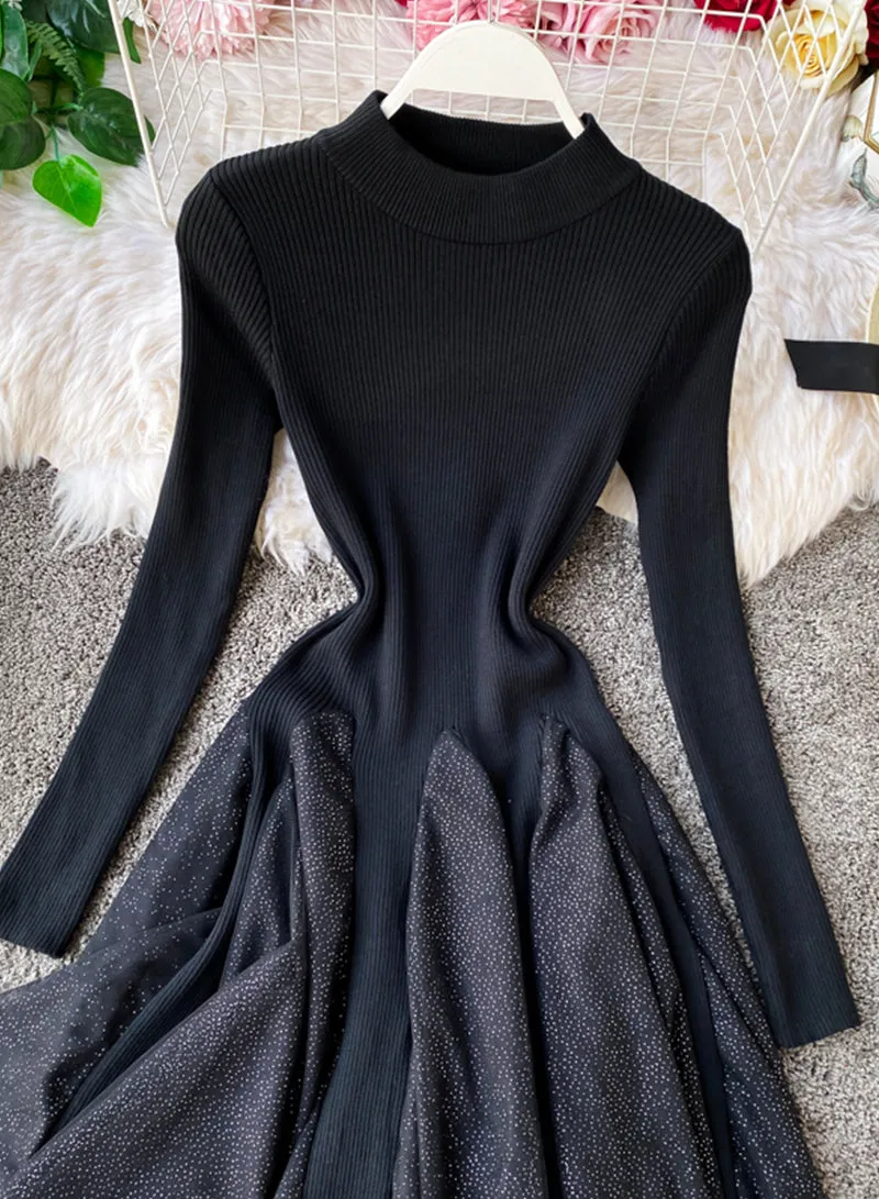 High Neck Long Sleeve Sweater Dress  S105