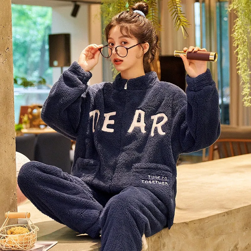 High Quality Women's Pajamas Set Cute Flannel Sleepwear Casual Homewear Men Couple Thick and Warm Winter Pyjamas Femme