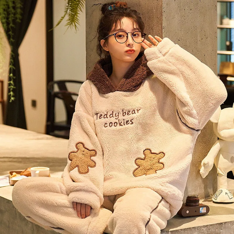 High Quality Women's Pajamas Set Cute Flannel Sleepwear Casual Homewear Men Couple Thick and Warm Winter Pyjamas Femme