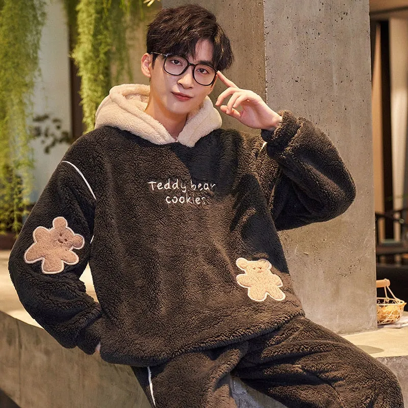 High Quality Women's Pajamas Set Cute Flannel Sleepwear Casual Homewear Men Couple Thick and Warm Winter Pyjamas Femme