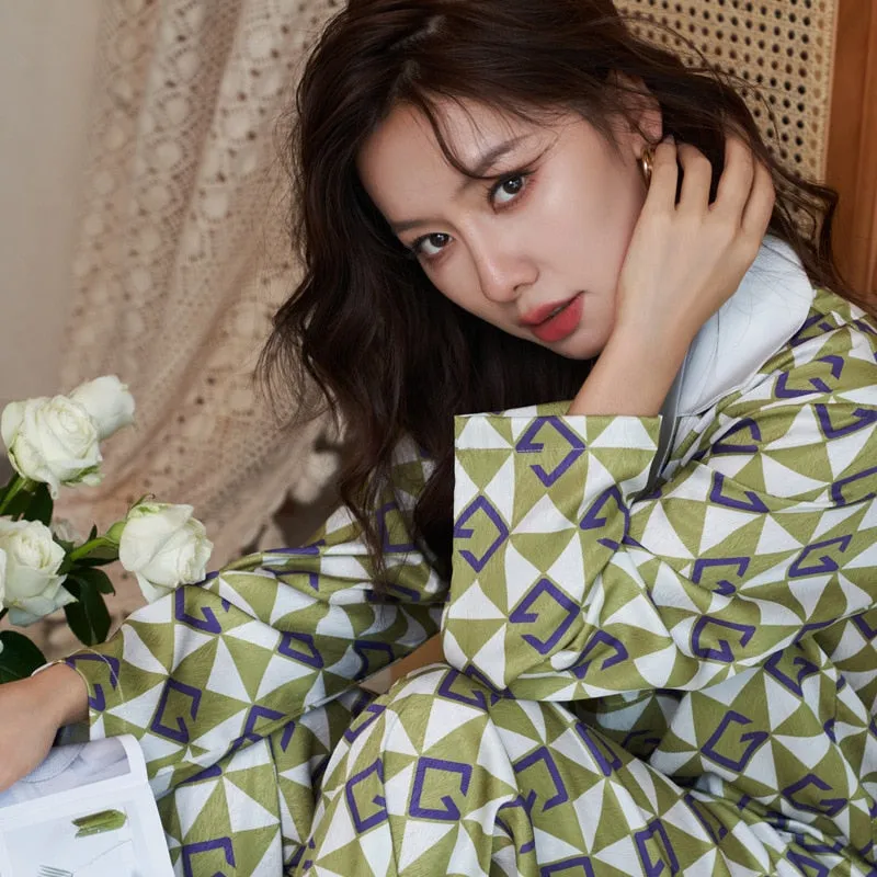 High Quality Women's Pajamas Set Luxury Letter Print Leisure Sleepwear Silk Like Long Homewear Nightwear Femme Petite