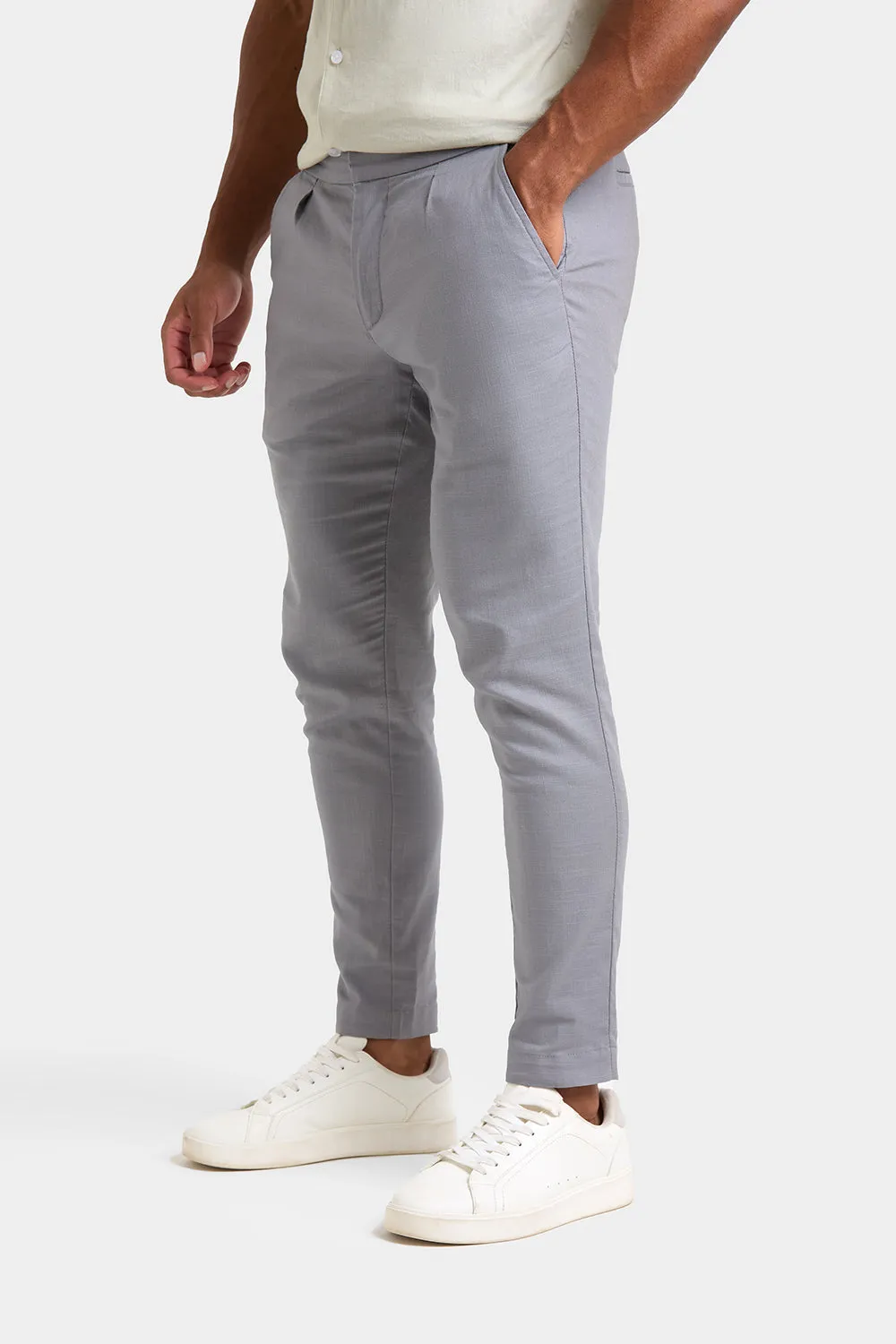 Linen Blend Cropped Pleated Pants in Mole