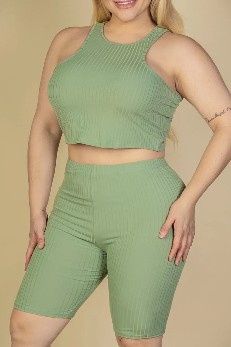 Plus Size Ribbed Cropped Tank Top and Biker Shorts Set (CAPELLA)