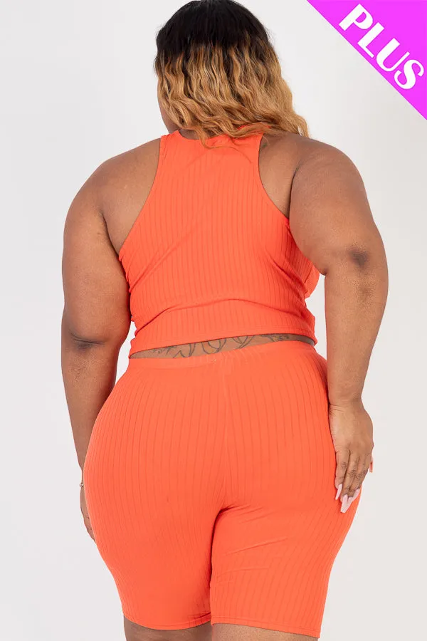 Plus Size Ribbed Cropped Tank Top and Biker Shorts Set (CAPELLA)