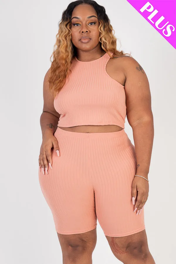 Plus Size Ribbed Cropped Tank Top and Biker Shorts Set (CAPELLA)