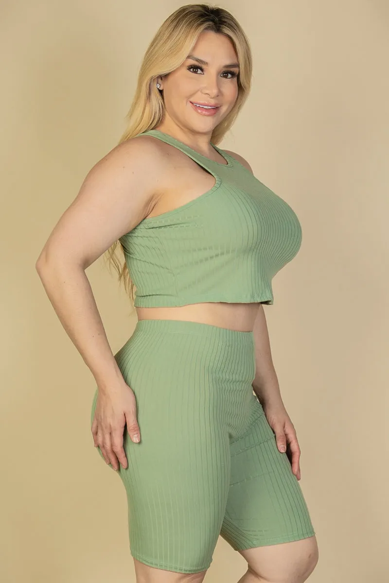 Plus Size Ribbed Cropped Tank Top and Biker Shorts Set (CAPELLA)