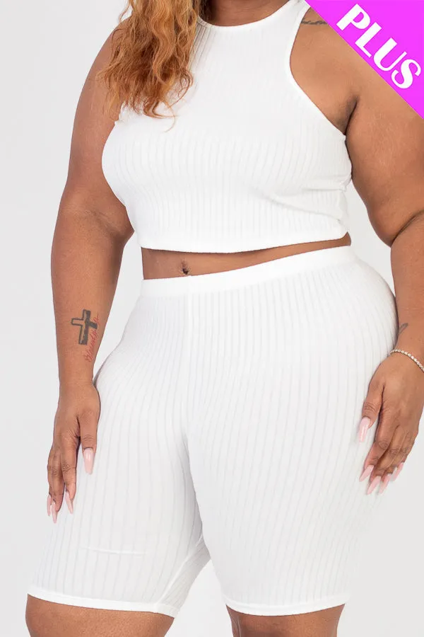 Plus Size Ribbed Cropped Tank Top and Biker Shorts Set (CAPELLA)