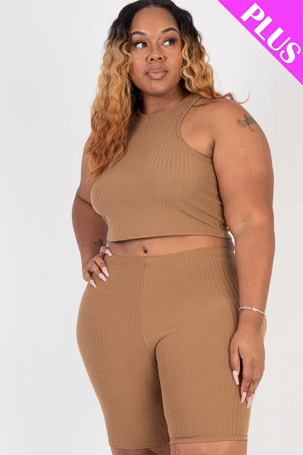 Plus Size Ribbed Cropped Tank Top and Biker Shorts Set (CAPELLA)