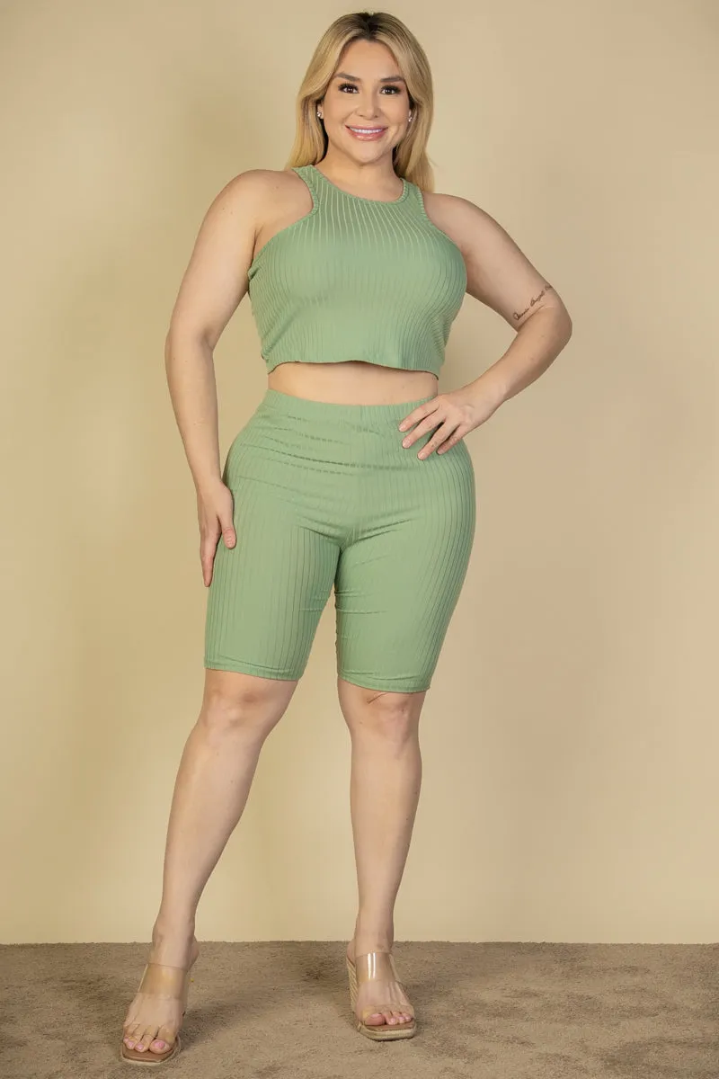 Plus Size Ribbed Cropped Tank Top and Biker Shorts Set (CAPELLA)