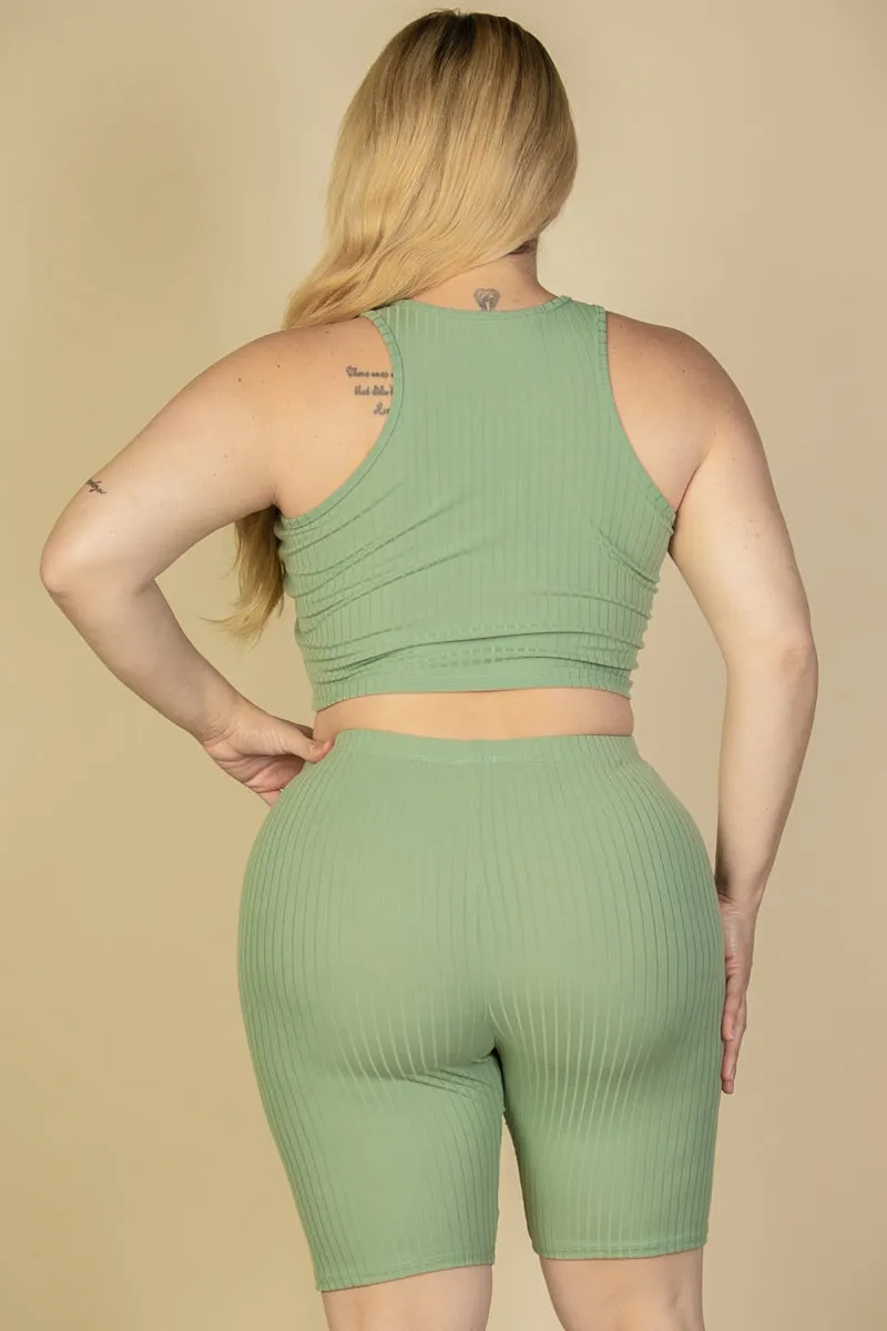 Plus Size Ribbed Cropped Tank Top and Biker Shorts Set (CAPELLA)