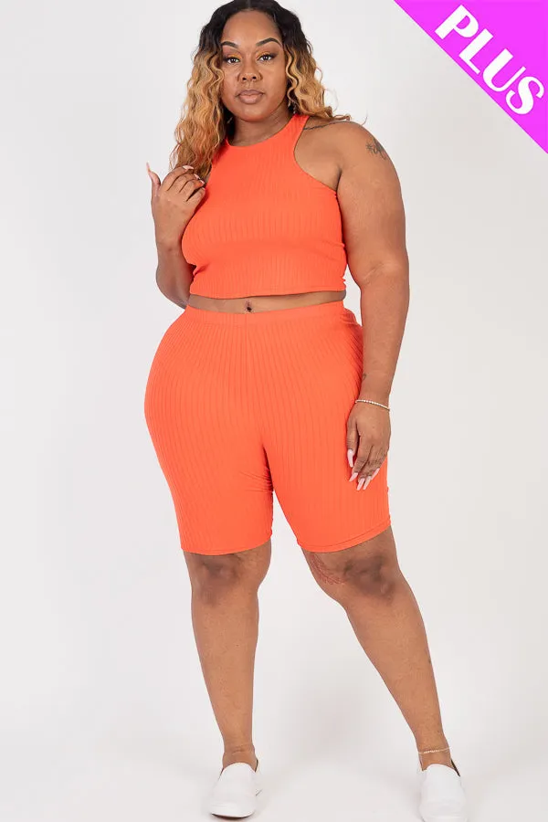 Plus Size Ribbed Cropped Tank Top and Biker Shorts Set (CAPELLA)