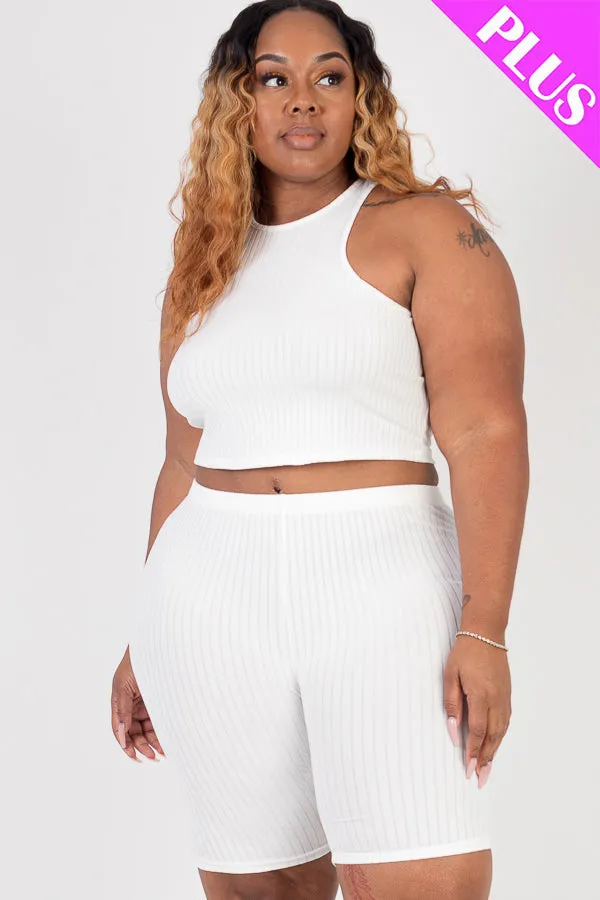 Plus Size Ribbed Cropped Tank Top and Biker Shorts Set (CAPELLA)