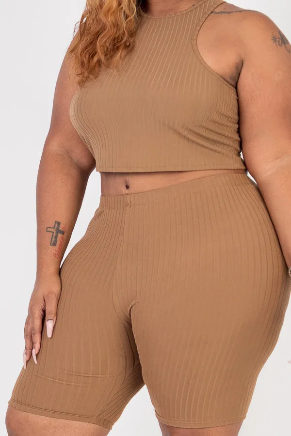 Plus Size Ribbed Cropped Tank Top and Biker Shorts Set (CAPELLA)