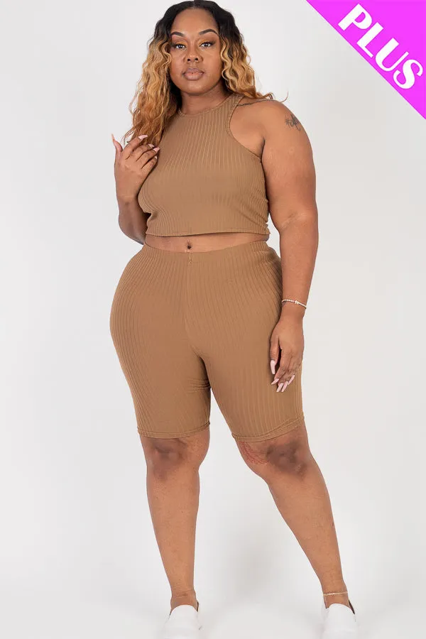 Plus Size Ribbed Cropped Tank Top and Biker Shorts Set (CAPELLA)