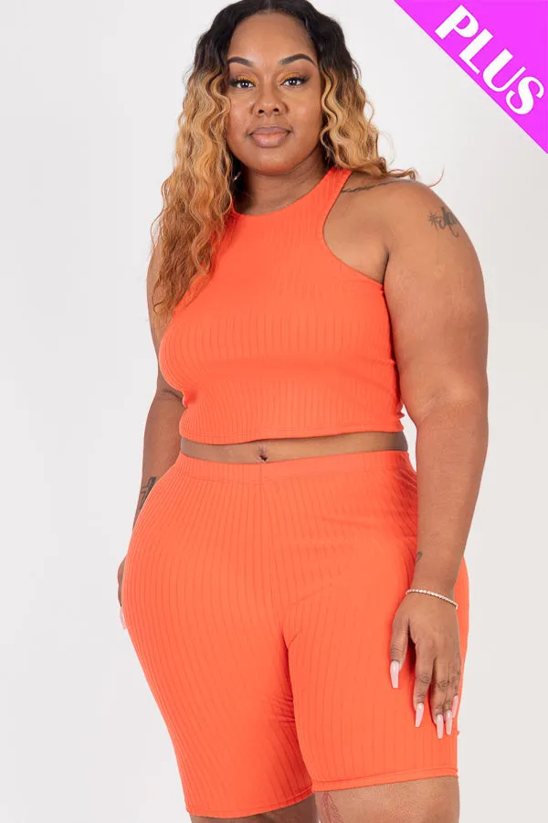 Plus Size Ribbed Cropped Tank Top and Biker Shorts Set (CAPELLA)