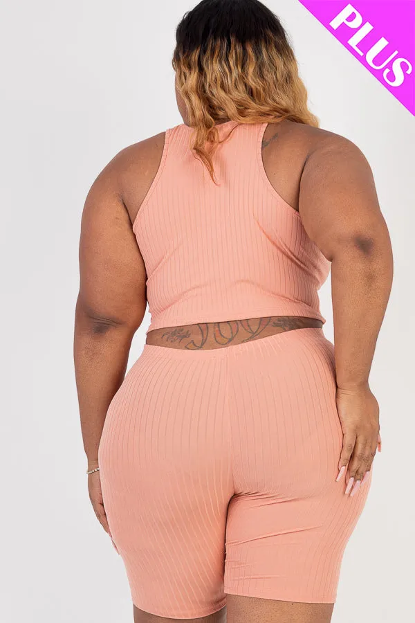 Plus Size Ribbed Cropped Tank Top and Biker Shorts Set (CAPELLA)