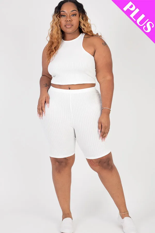 Plus Size Ribbed Cropped Tank Top and Biker Shorts Set (CAPELLA)