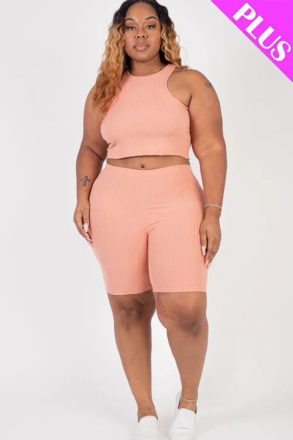 Plus Size Ribbed Cropped Tank Top and Biker Shorts Set (CAPELLA)
