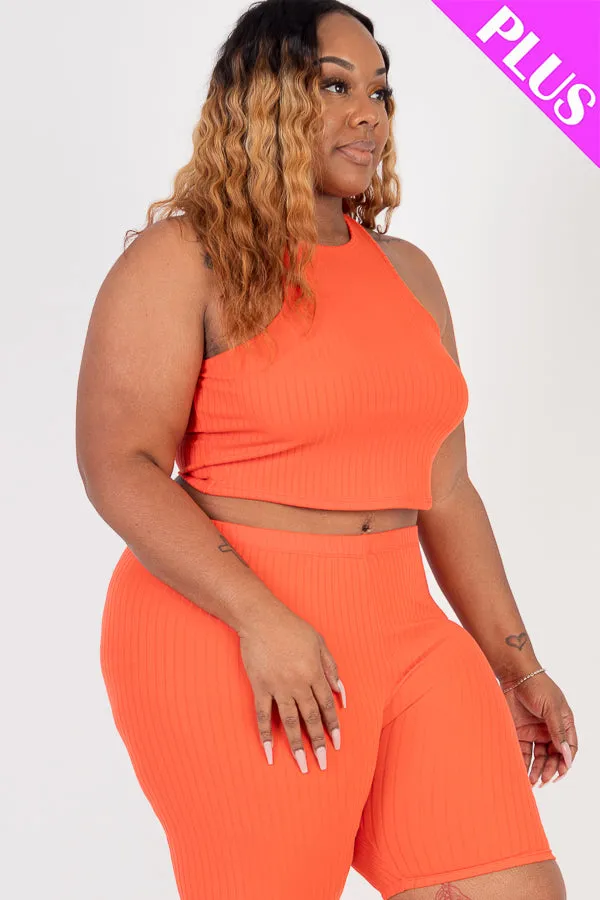 Plus Size Ribbed Cropped Tank Top and Biker Shorts Set (CAPELLA)