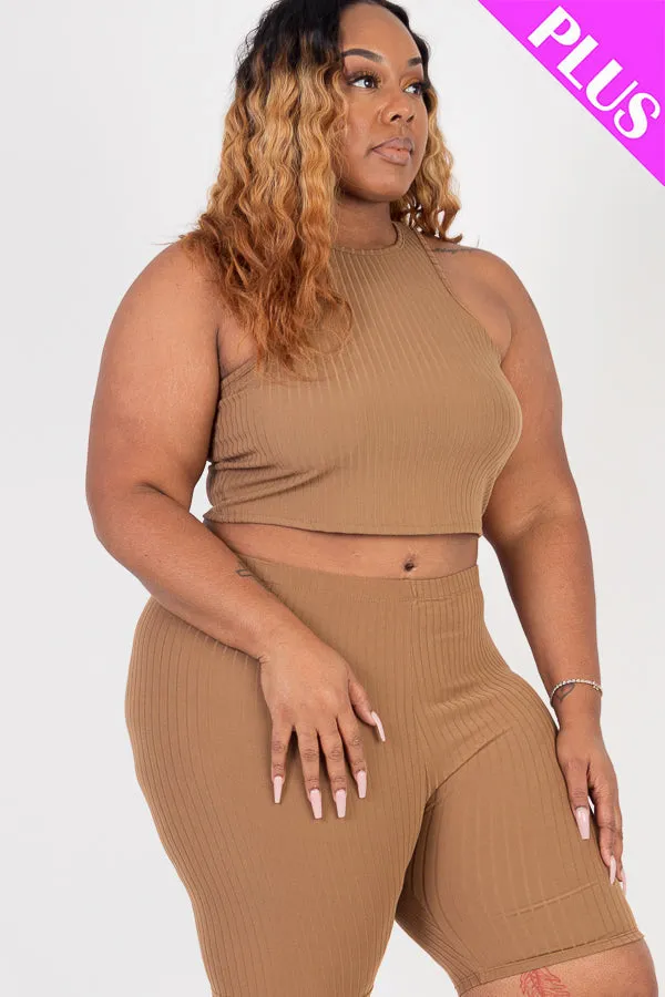 Plus Size Ribbed Cropped Tank Top and Biker Shorts Set (CAPELLA)
