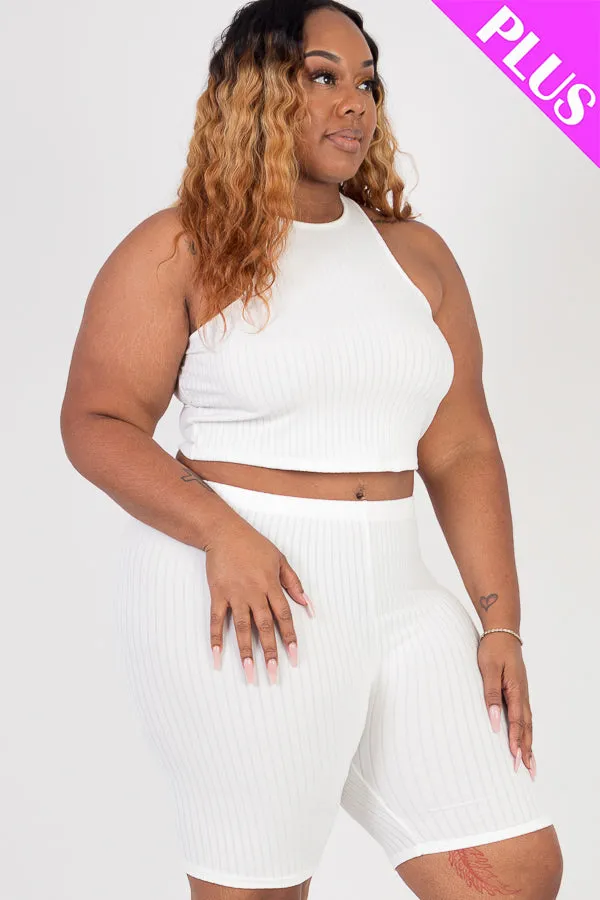 Plus Size Ribbed Cropped Tank Top and Biker Shorts Set (CAPELLA)