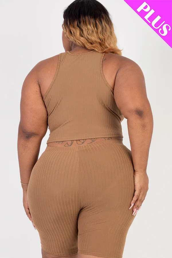 Plus Size Ribbed Cropped Tank Top and Biker Shorts Set (CAPELLA)