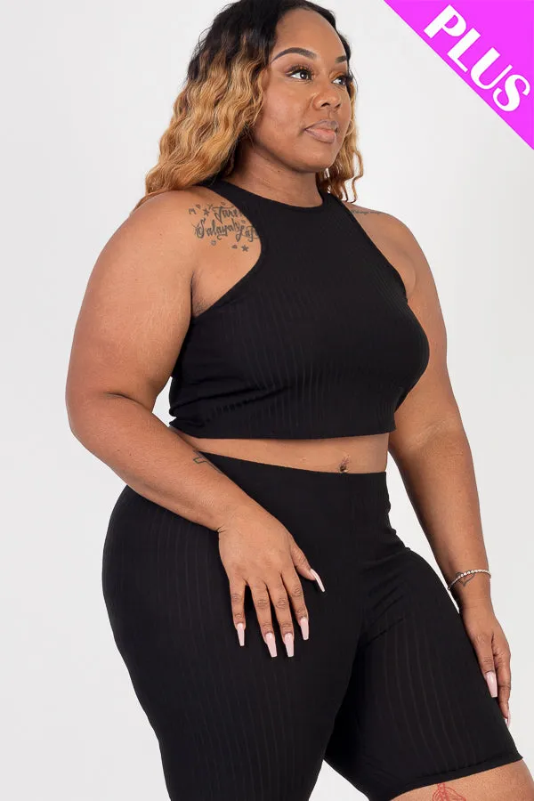 Plus Size Ribbed Cropped Tank Top and Biker Shorts Set