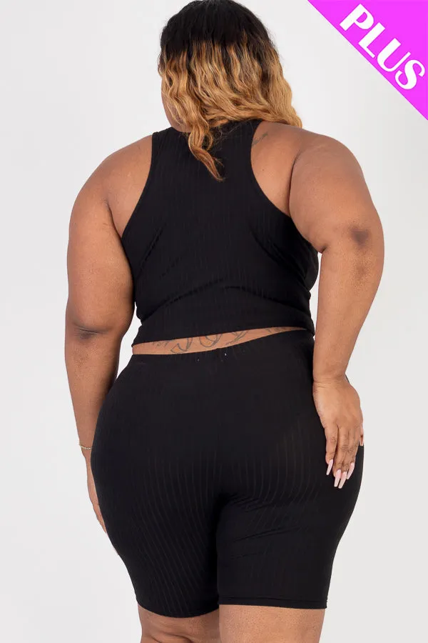 Plus Size Ribbed Cropped Tank Top and Biker Shorts Set