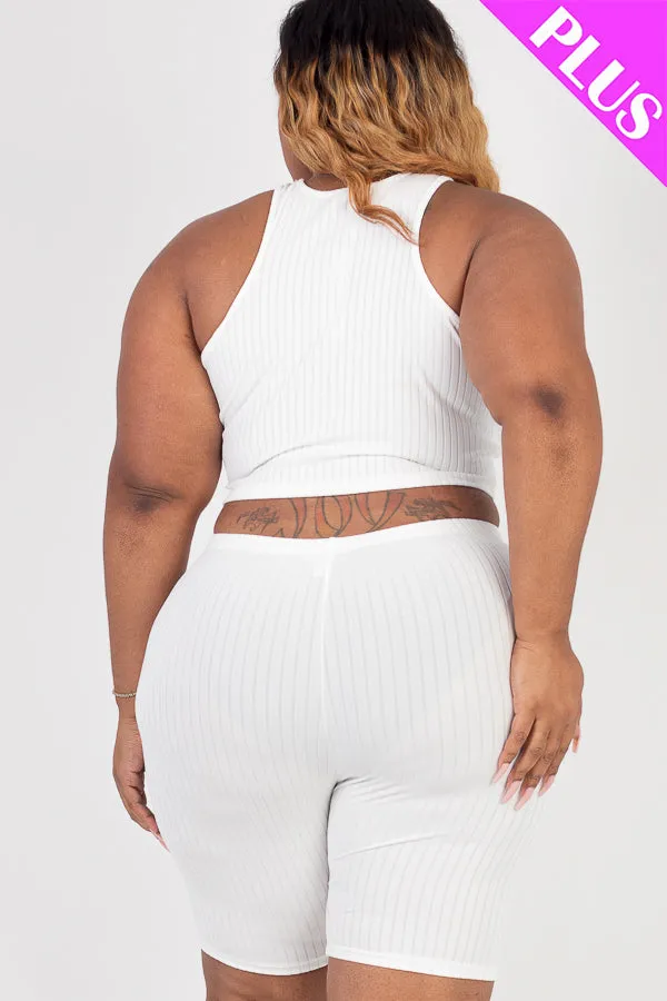Plus Size Ribbed Cropped Tank Top and Biker Shorts Set