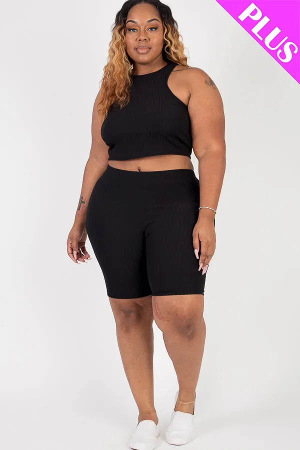 Plus Size Ribbed Cropped Tank Top and Biker Shorts Set