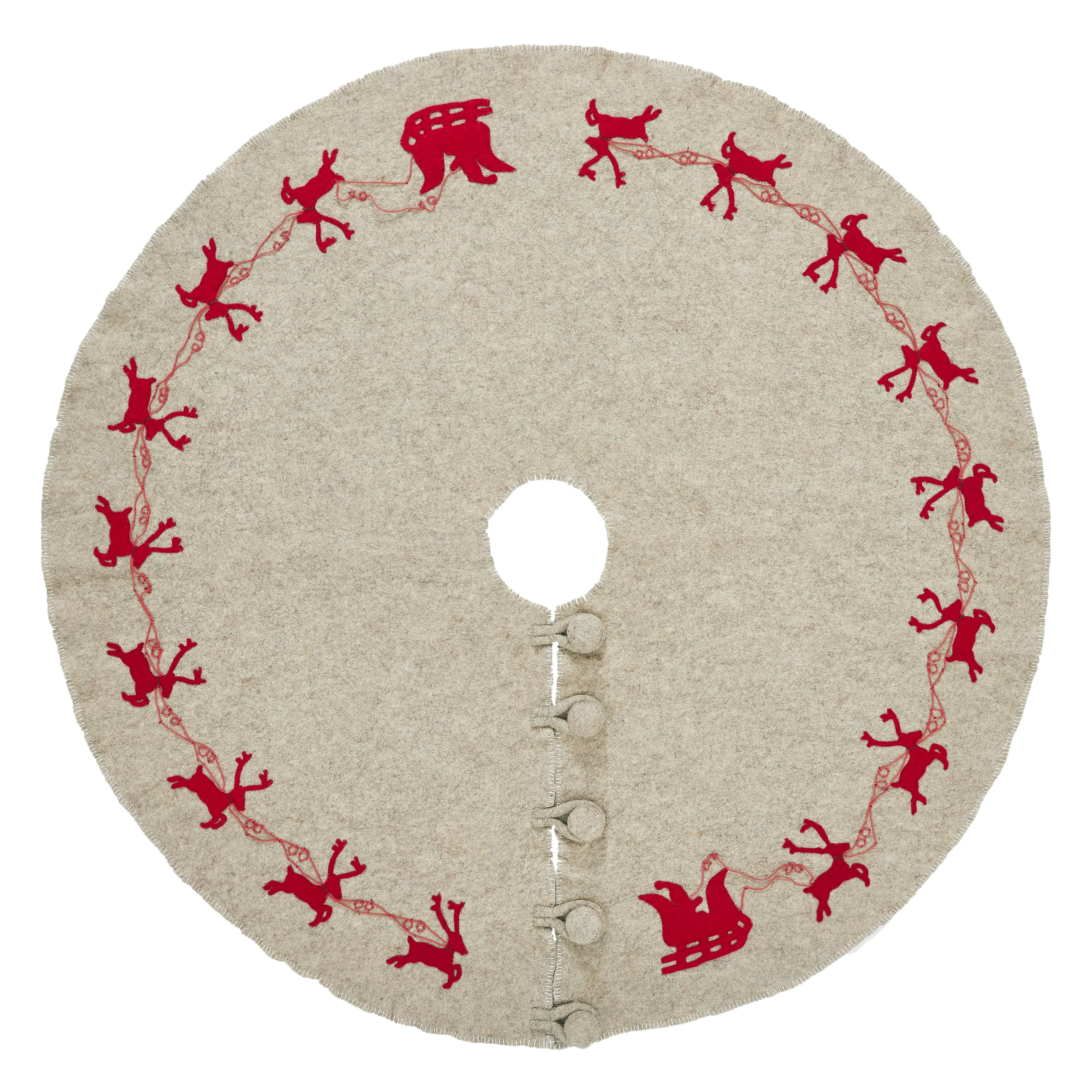 Reindeer tree skirt- grey with red reindeer and cream whip stitch-72"