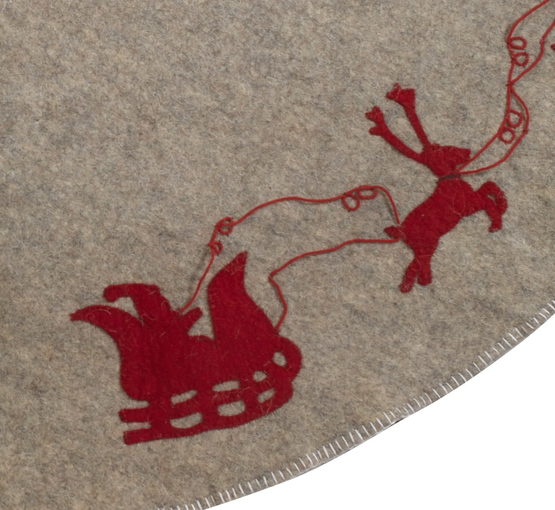 Reindeer tree skirt- grey with red reindeer and cream whip stitch-72"