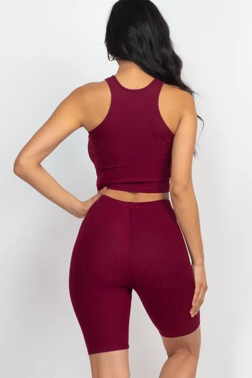 Ribbed Cropped Tank Top and Biker Shorts Set
