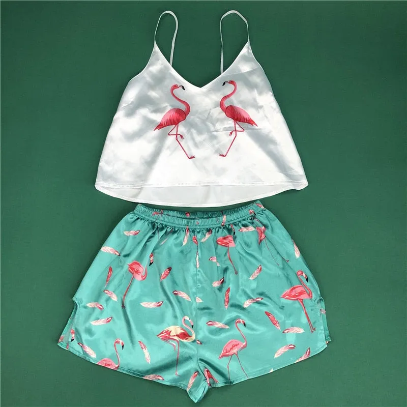 Sexy Pijamas Women Pajama Set Silk Home Suit Fox Unicorn Print V Neck Pyjama Set Woman Nightwear Set Sleepwear Satin