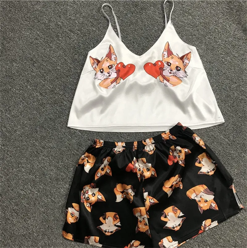 Sexy Pijamas Women Pajama Set Silk Home Suit Fox Unicorn Print V Neck Pyjama Set Woman Nightwear Set Sleepwear Satin