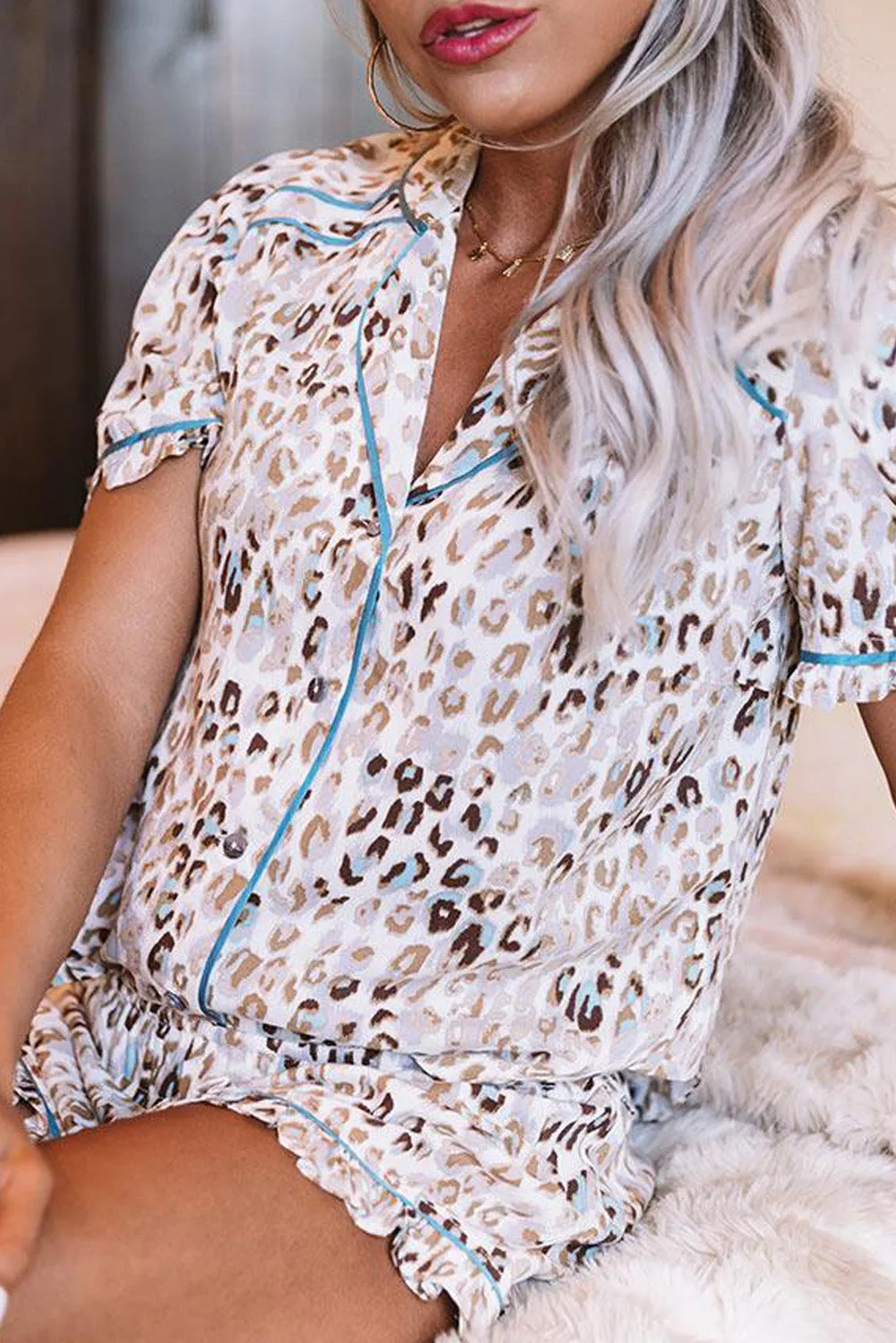 Turn-Down Collar Ruffled Leopard Print Pajama Set