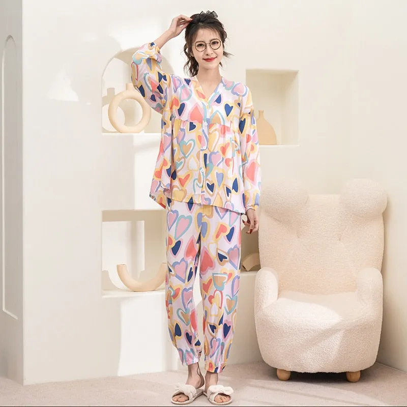 Women's Spring Summer Thin Cotton Silk Pajamas Ong Sleeved Pants Set Large Size Cardigan Air-conditioned Home Clothing